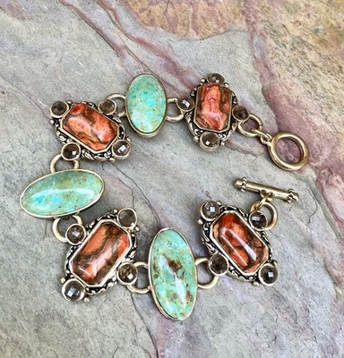 Barse NWT Genuine Orange Coral, Turquoise And Smoky Quartz Bronze Link Bracelet - Image 1 of 4