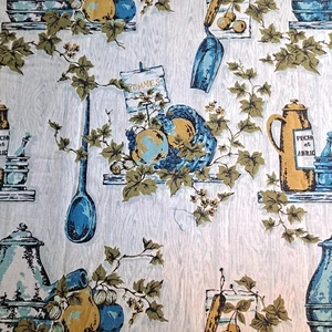 Vintage 1970er Baumwolle Leinen Druck Stoff 3 Yards X34" blau Küche Retro Vorhang - Bild 1 von 9