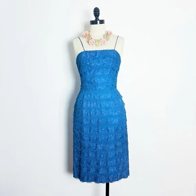 SCALLOPED BLUE Lace 1950’s 50s Vintage Cocktail Wiggle Prom Evening Dress M 38b - Image 1 of 4