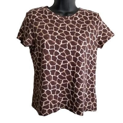 Croft & Barrow Tee Petite Medium Brown Giraffe Print Cotton Animal Safari Casual - Image 1 of 4