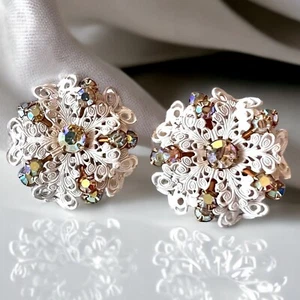 Flower Earrings White Enamel Rhinestones Clip On Statement Vintage 1960s - Picture 1 of 11