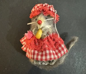 Vintage Original Toy Fur Mouse Red Gingham Dress Eating Corn Made in W Germany - Picture 1 of 3