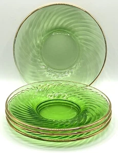 Set of 4 Vintage Uranium Glass Green Gold Rim Swirl Pattern Salad Dessert Plates - Picture 1 of 8