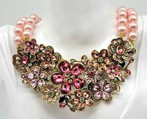 Heidi Daus Pink Tourmaline Swarovski Crystal Flower Garden Bib with Pink Pearls