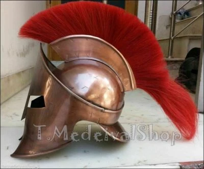 HANDMADE Vintage Copper Spartan Helmet With Red Plume Medieval Antique Christmas Costume