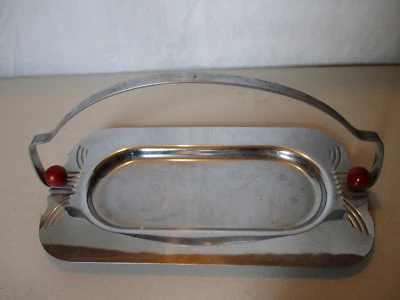 Vintage Art Deco Red Ball Bakelite Handled Chrome Tray Serving Dish Platter! - Image 1 of 4