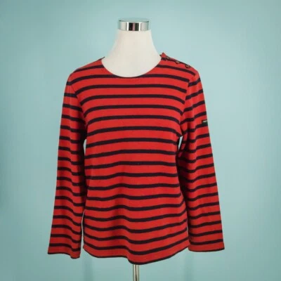 Suéter Tejido Saint James Talla 6 US Rojo Azul Rayas Botón Náutico Mezcla Lana Foto 1 de 4