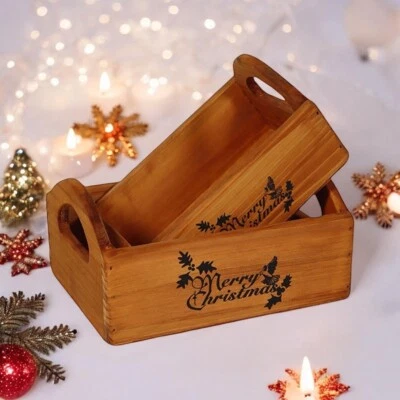 Rustic Vintage Brown Merry Xmas Boxes Wooden Gift Display Storage Crate Set 2 - Image 1 of 4