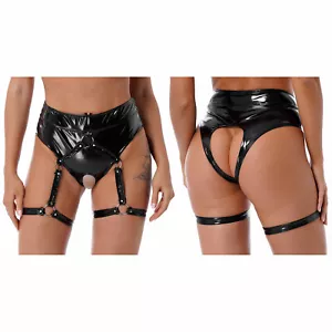 Women's Shiny Patent Leather Crotchless Briefs with Garter Sexy Panties Clubwear - Picture 1 of 16