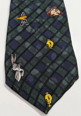 Looney Tunes Neck Tie Vintage 1993 Men's Necktie Plaid Bugs Tweety Sylvester Taz - Image 1 of 4