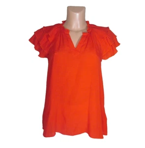 NANETTE LEPORE Gr. S orange kurze Flatterärmel Rüschen V-Ausschnitt Pullover Oberteil - Bild 1 von 6