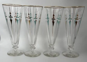 1957 Libbey Staccato Pilsner Atomic Sword Beer Glass Aqua & Gold Set Of 4 - Picture 1 of 17