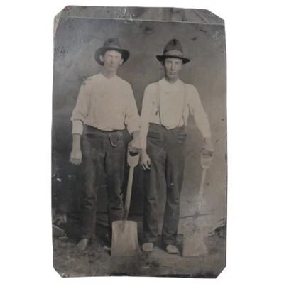 Antique Tintype Photo Victorian Men Hats and Shovels Blue Collar Fashion Style - Image 1 of 4