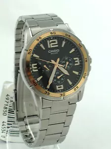 CASIO MTP1299D-1A BANDA DE ACERO INOXIDABLE CARA NEGRA 3 SUBESFERAS DÍA, FECHA NEOBRITA - Imagen 1 de 5