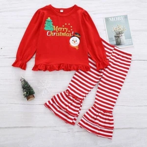 kids christmas set two piece set with christmas snowman print pattern for girls - Picture 1 of 8