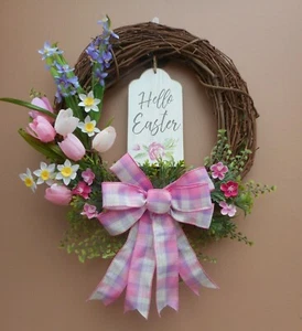 14" Hello Easter plaque Pink Tulips Purple Grapevine door Wreath - Picture 1 of 4