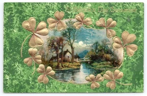 c1910 Winsch St. Patrick’s Day Souvenir Postcard Night Scene Framed by Shamrocks - Picture 1 of 2