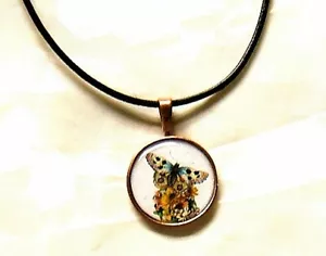 VICTORIAN BUTTERFLY AND FLOWERS ALTERED ART COPPER PENDANT W/ LEATHER NECKLACE - Picture 1 of 2