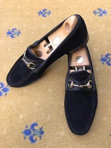 Gucci Loafers Shoes Suede Black Gold Horsebit Vintage Mens UK 10.5 US 11 44.5 D - Picture 1 of 10