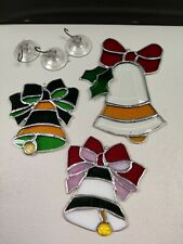 3 Stained GLASS Colorful Bells Christmas Sun Catchers Ornaments Vintage Hooks