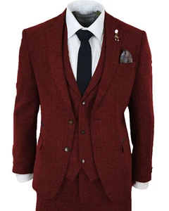 Mens 3Pcs Suit Tweed Wool Herringbone Tuxedo Suits Blazer Vest Pants 42r 44r 46r - Picture 1 of 22