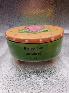 Tumbleweed Pottery Ceramic Oval Trinket Box Footed " Enjoy the Dance of Life - Picture 1 of 9