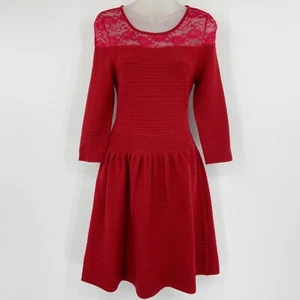 Jessica Simpson  Opera Ribbed Sweater Dress Fit & Flare Lace Yoke Red Holiday S - Picture 1 of 9