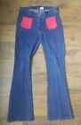 Mo Jeans Maurice Malone Size 10 Blue Denim Y2K Style Mid Rise Flared Leg Red