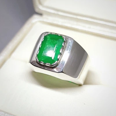 Mens Emerald Ring, Natural Beryl 925 Sterling Silver Ring, Zamurd Ring For Men - Image 1 of 4