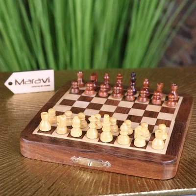 Shatranj Folding Wooden Chess Set 14cm Luxury Travelling Gift Sheesham Wood - Image 1 of 4