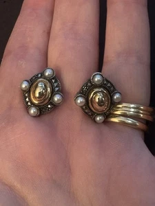 Vintage Judith Jack Sterling Silver 925 14k Gold Marcasite Earrings Omega Clasp - Bild 1 von 6