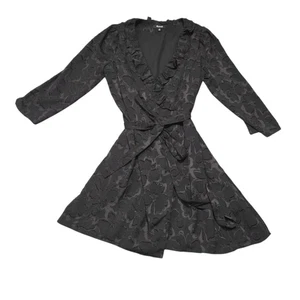 Madewell schwarz Blumen Jacquard Rüschenbesatz Langarm Wickelkleid Damen Medium - Bild 1 von 9