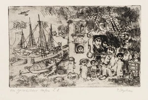 P. STEPHAN (1927-2014), Griechischer Hafen mit Großfamilie, Rad. Expressionismus - Bild 1 von 5