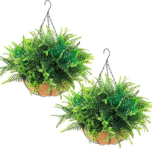 Hananona 2 Set Artificial Hanging Plants Outdoor Fake Ferns Green - Picture 1 of 7