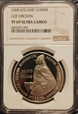 2000 Iceland Silver 1000k Leif Ericson NGC PF 69 Ultra Cameo  - Image 1 of 4