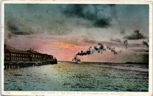1910s OR Postcard Moonlight Scene Mouth Of The Columbia River Steamer Night Boat - Picture 1 of 2