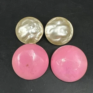 Vintage Lot of 2 Large Round Button Hong Kong Clip On Earrings Pink Faux Pearl - Picture 1 of 11