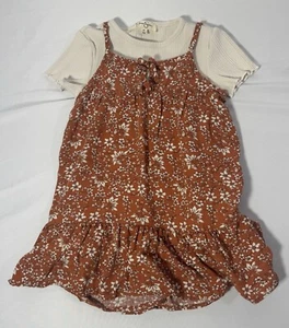 Jessica Simpson Floral Dress 2 Pc Set Brown Rust Cream Short Sleeve Girls Sz 4T - Picture 1 of 11