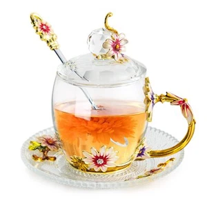 Vintage Glass Tea Cup And Saucer Set With Lid And Spoon Enamel Daisy Flower Coff - Picture 1 of 6