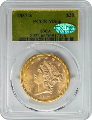 1857-S $20 Gold Liberty SSCA MS66 PCGS CAC 949727-25 - Image 1 of 4