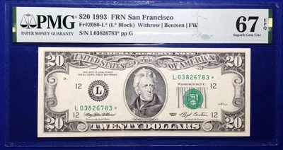 1993 $20 Federal Reserve Note Fr-2080-L* San Francisco PMG67EPQ Superb Gem - Image 1 of 2
