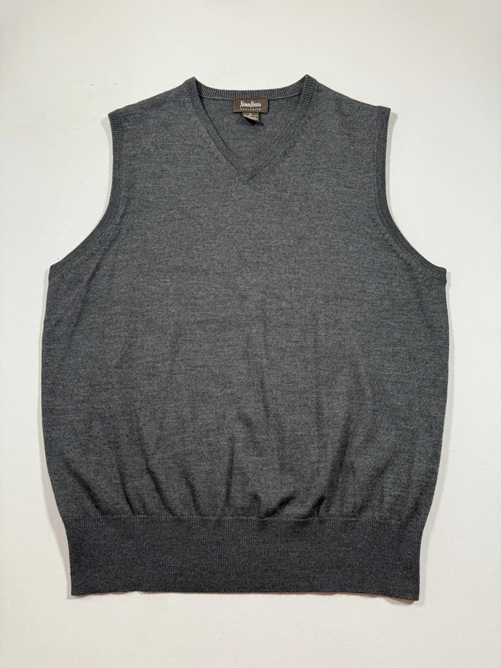 Neiman Marcus Sweater Vest Mens Medium Gray Merino Wool Silk Cashmere V-Neck - Image 1 of 4
