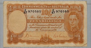 Australien Commonwealth 10 Shilling ND 1939 P-25a Sheehan McFarlane Orange Sign. - Bild 1 von 2
