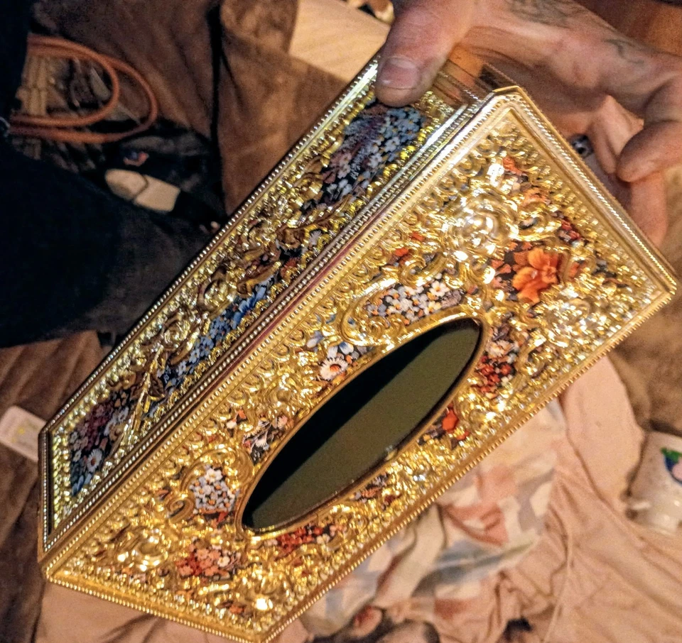 Vintage Tissue Box Cover Gold  Floral Plastic  - Image 1 of 2