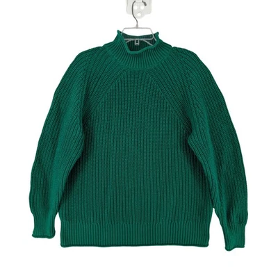 Suéter J Crew Verde Acanalado Cuello Simulado XL 100% Algodón Dobladillo Enrollado Estilo Pescador Foto 1 de 4