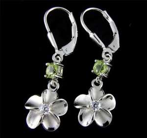 GENUINE PERIDOT SILVER 925 HAWAIIAN PLUMERIA FLOWER LEVERBACK EARRINGS RHODIUM - Picture 1 of 2
