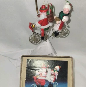 Kurt Adler Wooden Christmas Ornament 1983  Santa Mrs Claus Tandem Bicycle In Box - Picture 1 of 6