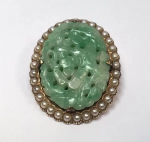 1890 ANTIQUE 10K YELLOW GOLD HAND CARVED JADE PIN BROACH ORNATE PEARL DRAGON - Picture 1 of 8