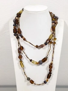 Boho Western Tribal Brown Glass Bead Very Long Necklace 58 inches - Picture 1 of 10