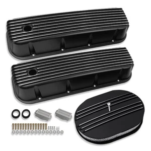 For 1965-95 BBC Chevy 396 454 Tall Finned Valve Covers & 12" Air Cleaner Black - Picture 1 of 7